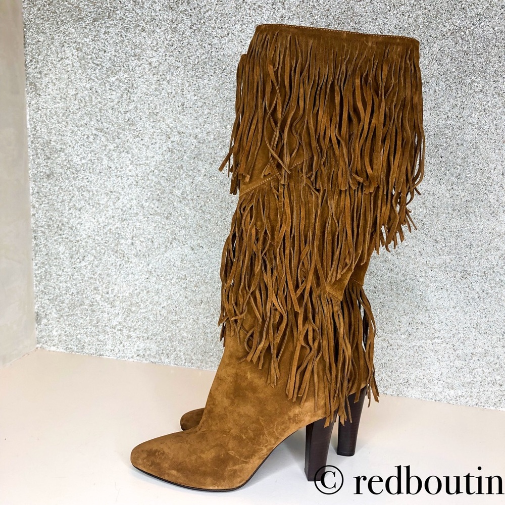 Saint Laurent Tan Suede Fringe Knee-High Heeled Boots - Picture 7 of 8